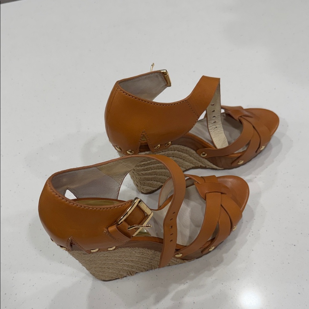 Michael Kors Jetset6 Tan Leather Wedge Sandals with Braided Front - Picture 3 of 8